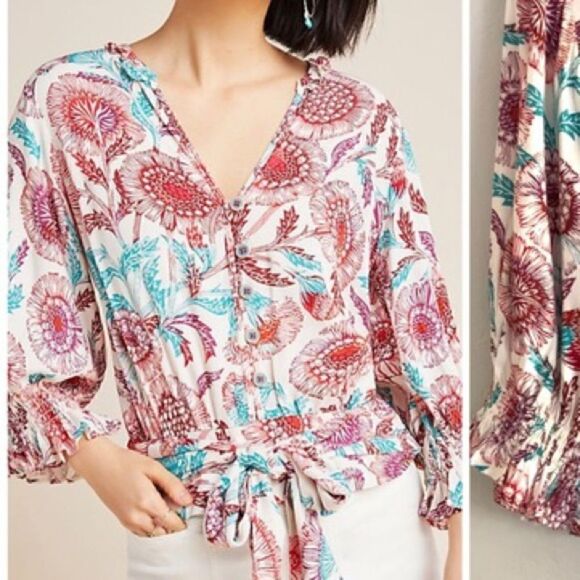 Anthro Tugboat Floral Tie Front Blouse - Picture 7 of 13